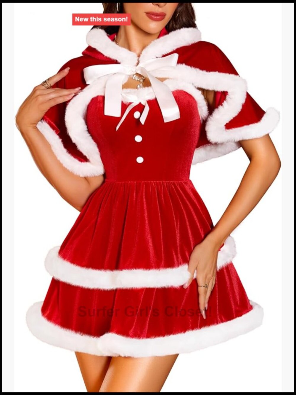 RSLOVE Sexy Santa Babydoll Dress with Cape Velvet Christmas Costume Set